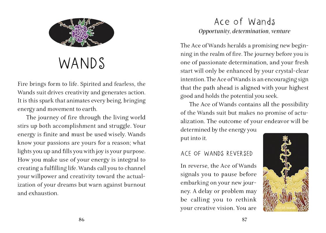 Card with Ace of Wands from a tarot deck, featuring text and symbols on a white background.