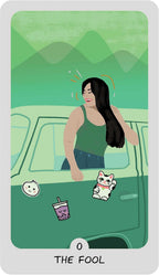 A stylized tarot card illustration labeled 'THE FOOL' at the bottom. The card shows a woman with long dark hair leaning on the door of a green car, with a white cat on the door, a small cup, and layered green mountains in the background.