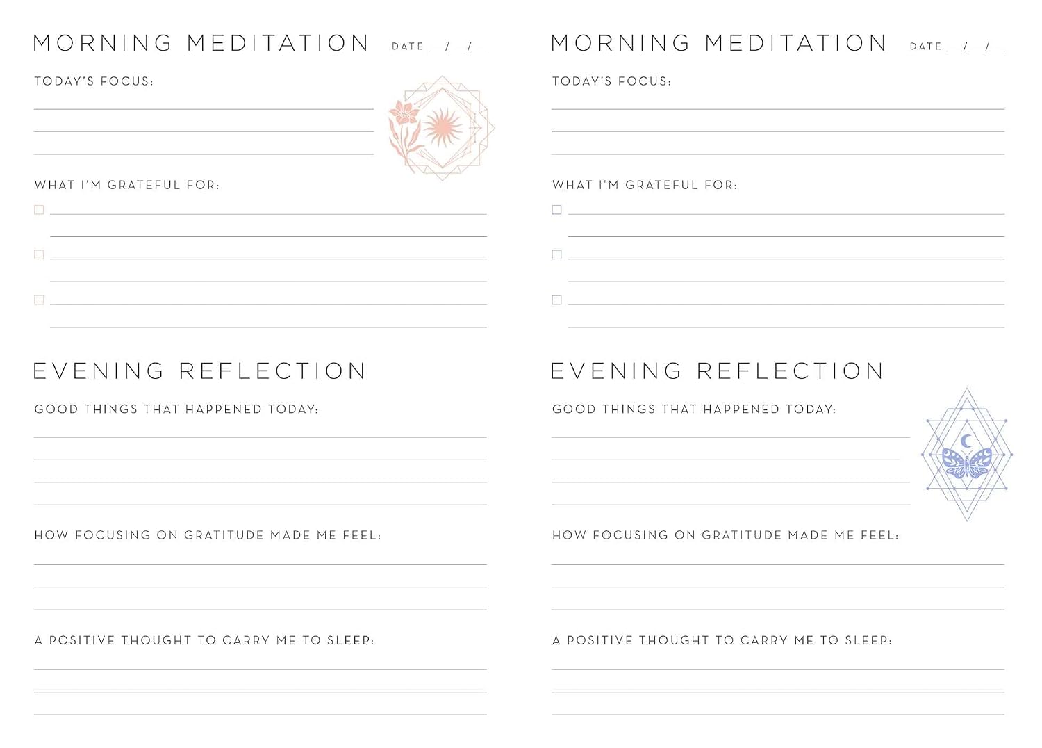 Morning meditation and evening reflection journaling template with space for gratitude and reflection.