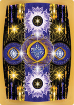 Decorative card with intricate symbols and designs on a gold border