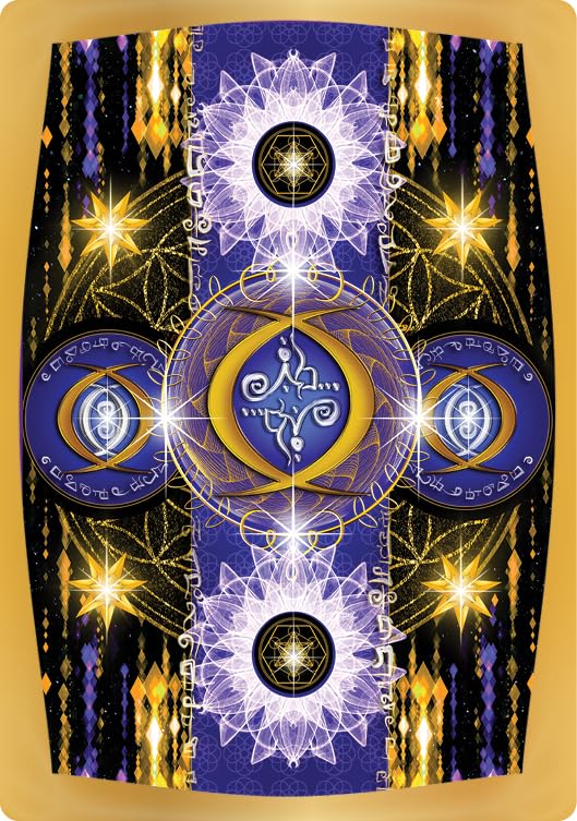 Decorative card with intricate symbols and designs on a gold border