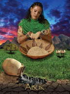 Woman holding a basket of grain with a scenic background and 'Abuk' branding.