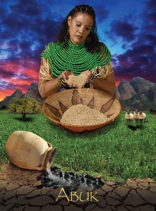 Woman holding a basket of grain with a scenic background and 'Abuk' branding.