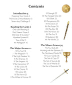 Table of contents for a tarot card book with illustrations of cards and symbols.