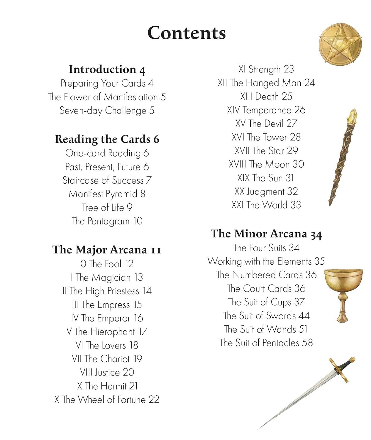 Table of contents for a tarot card book with illustrations of cards and symbols.