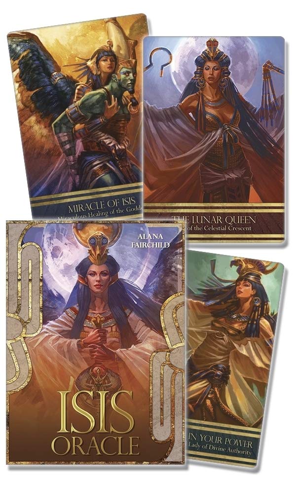 Four tarot cards from the Isis Oracle deck with detailed artwork and text.
