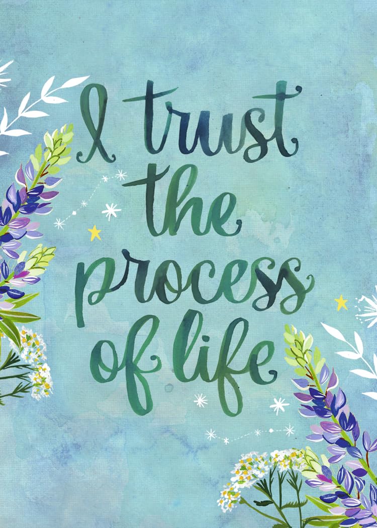 Motivational quote 'I trust the process of life' with floral elements on a blue background