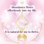 Necklace with pearls and gold chain on a pink background with motivational text.