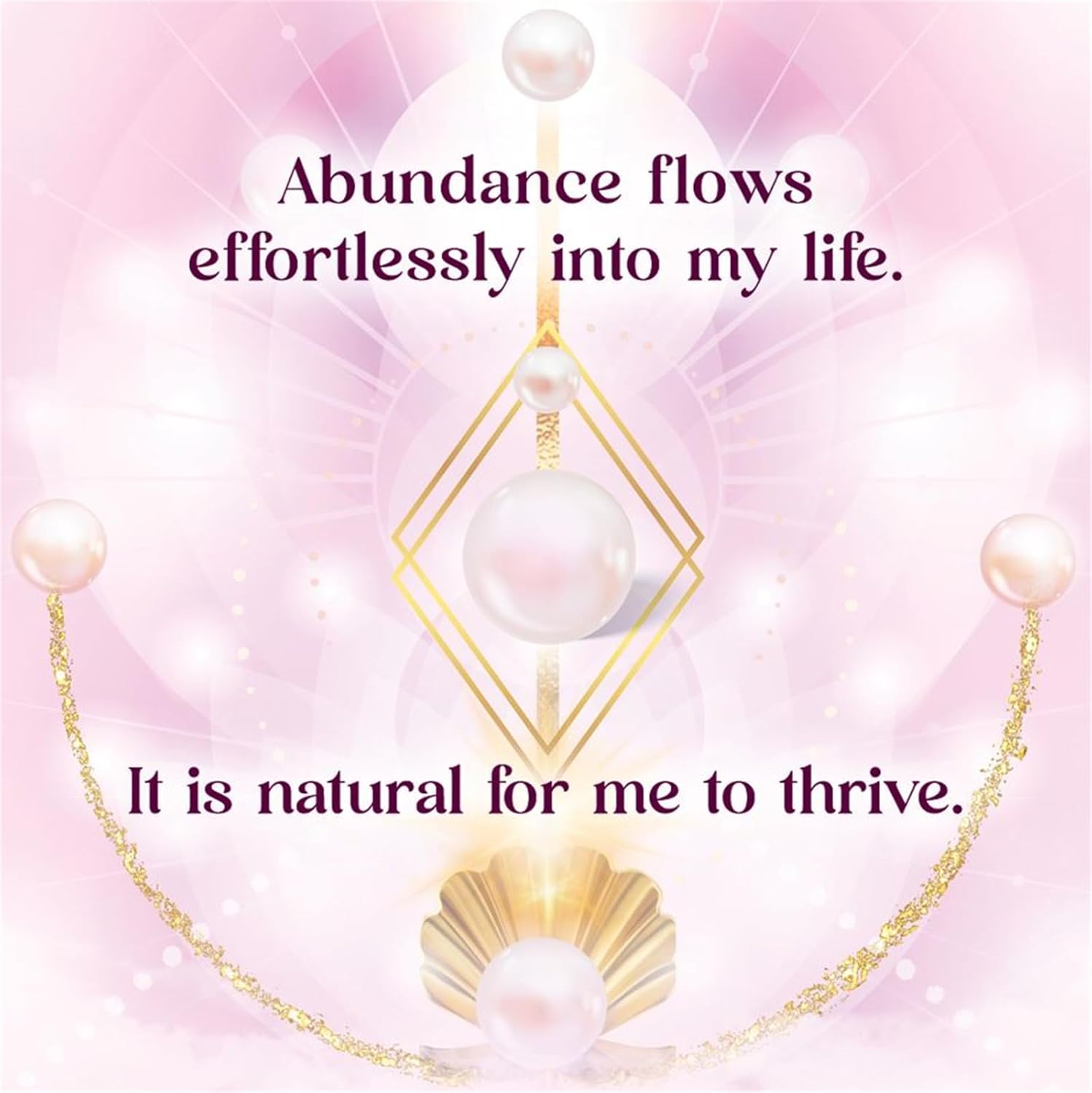 Necklace with pearls and gold chain on a pink background with motivational text.