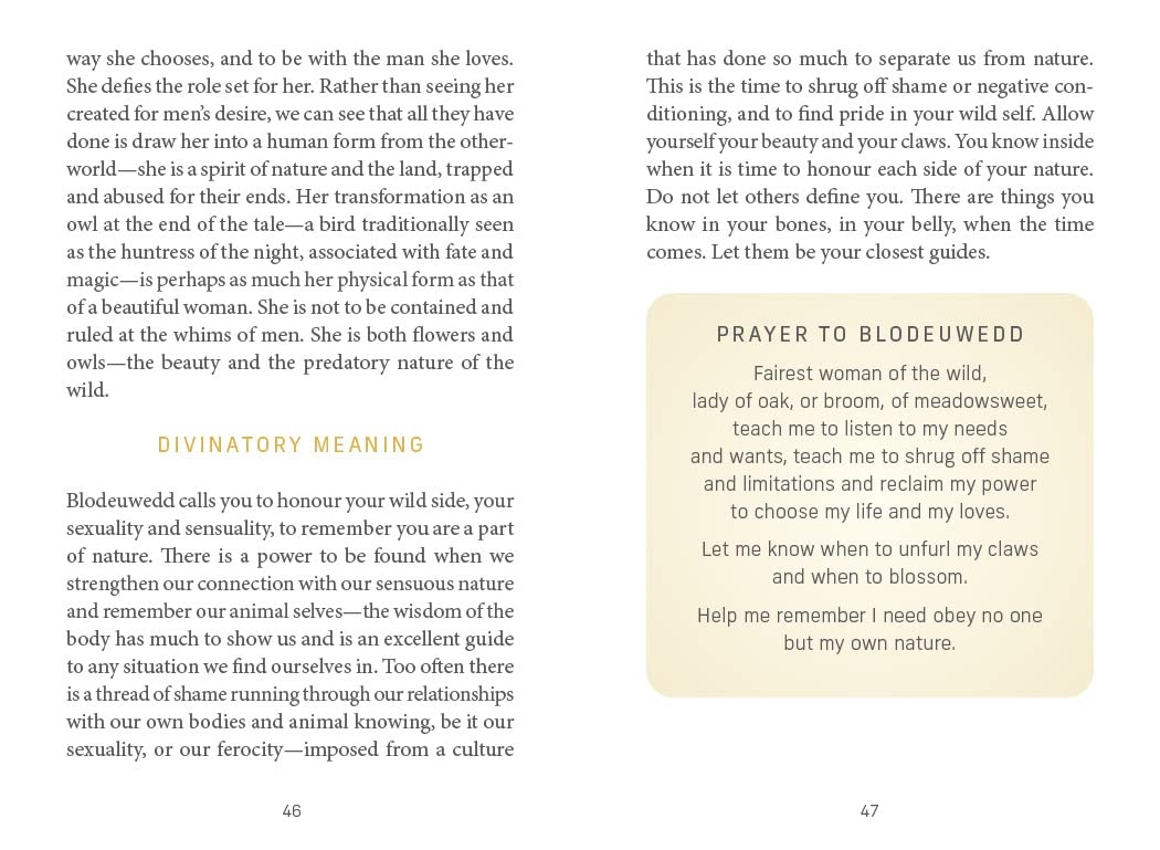 Text page with a prayer to Blodeuwynedd and divinatory meaning on a white background.