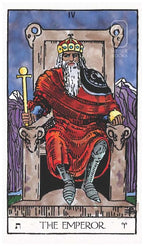 Tarot card featuring 'The Emperor' with a king in red robes sitting on a throne.