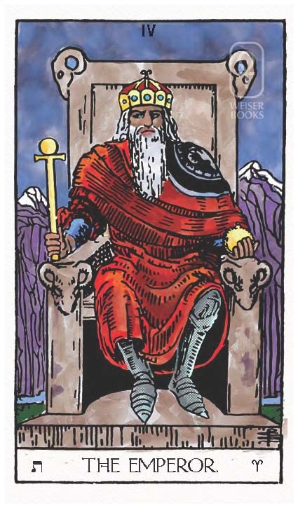 Tarot card featuring 'The Emperor' with a king in red robes sitting on a throne.
