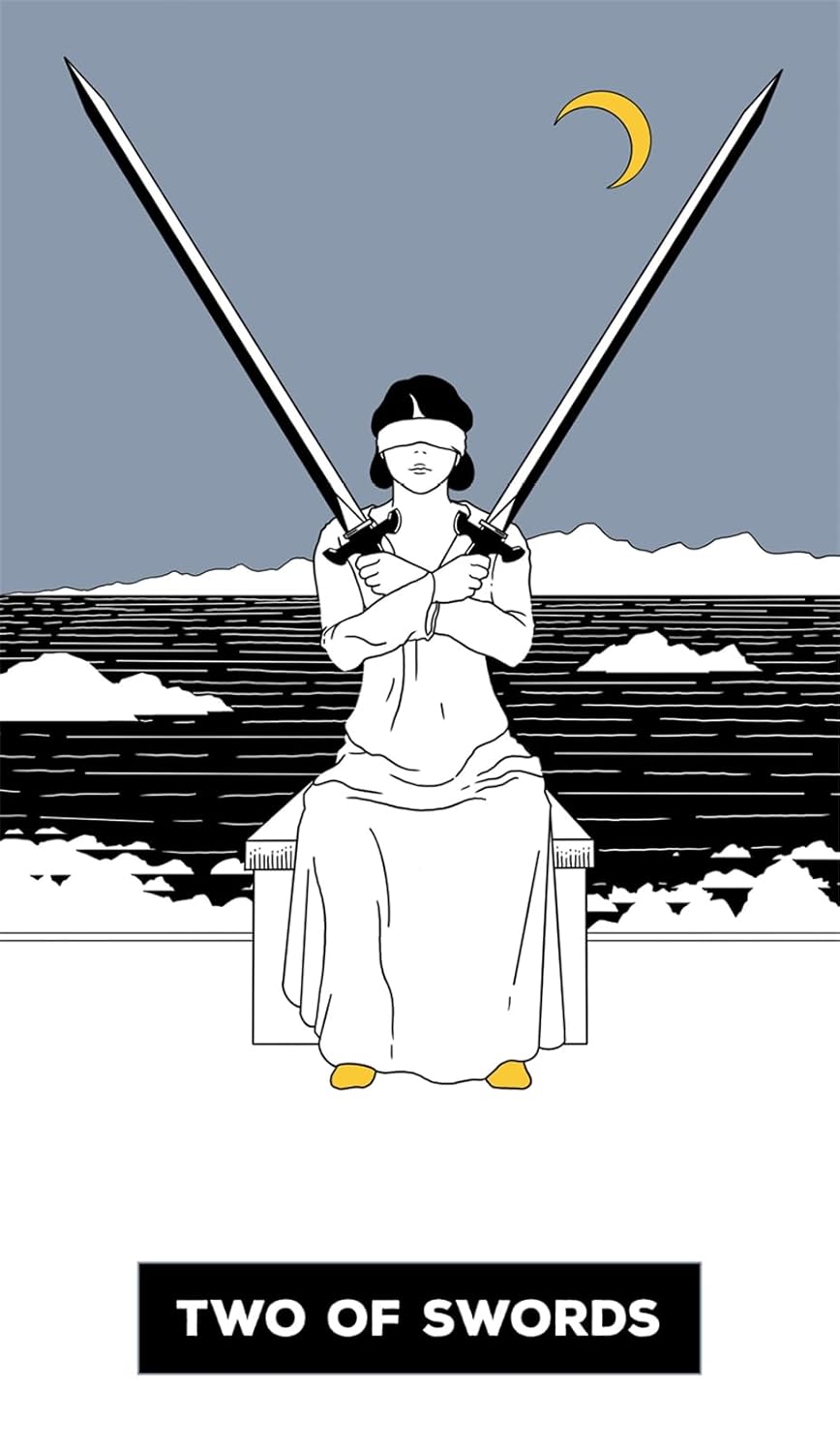 Two of Swords tarot card with a figure holding crossed swords against a landscape background.