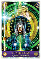 Card featuring two figures with a central circular design and 'Transitions Karmic Timeweaver' text.
