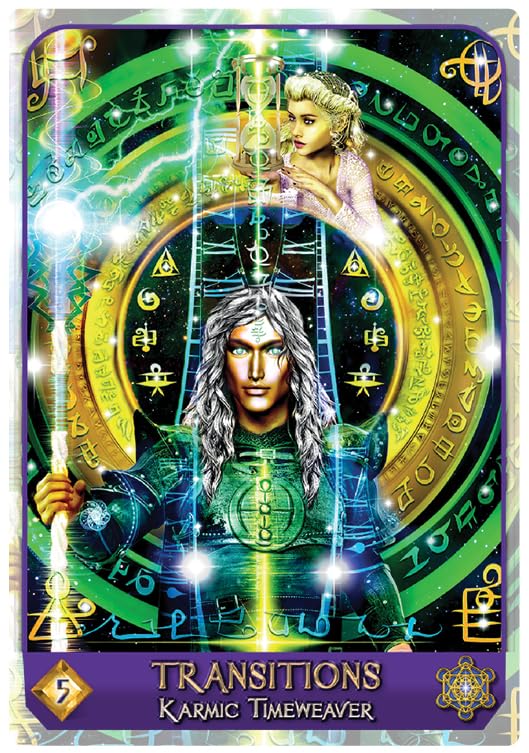 Card featuring two figures with a central circular design and 'Transitions Karmic Timeweaver' text.