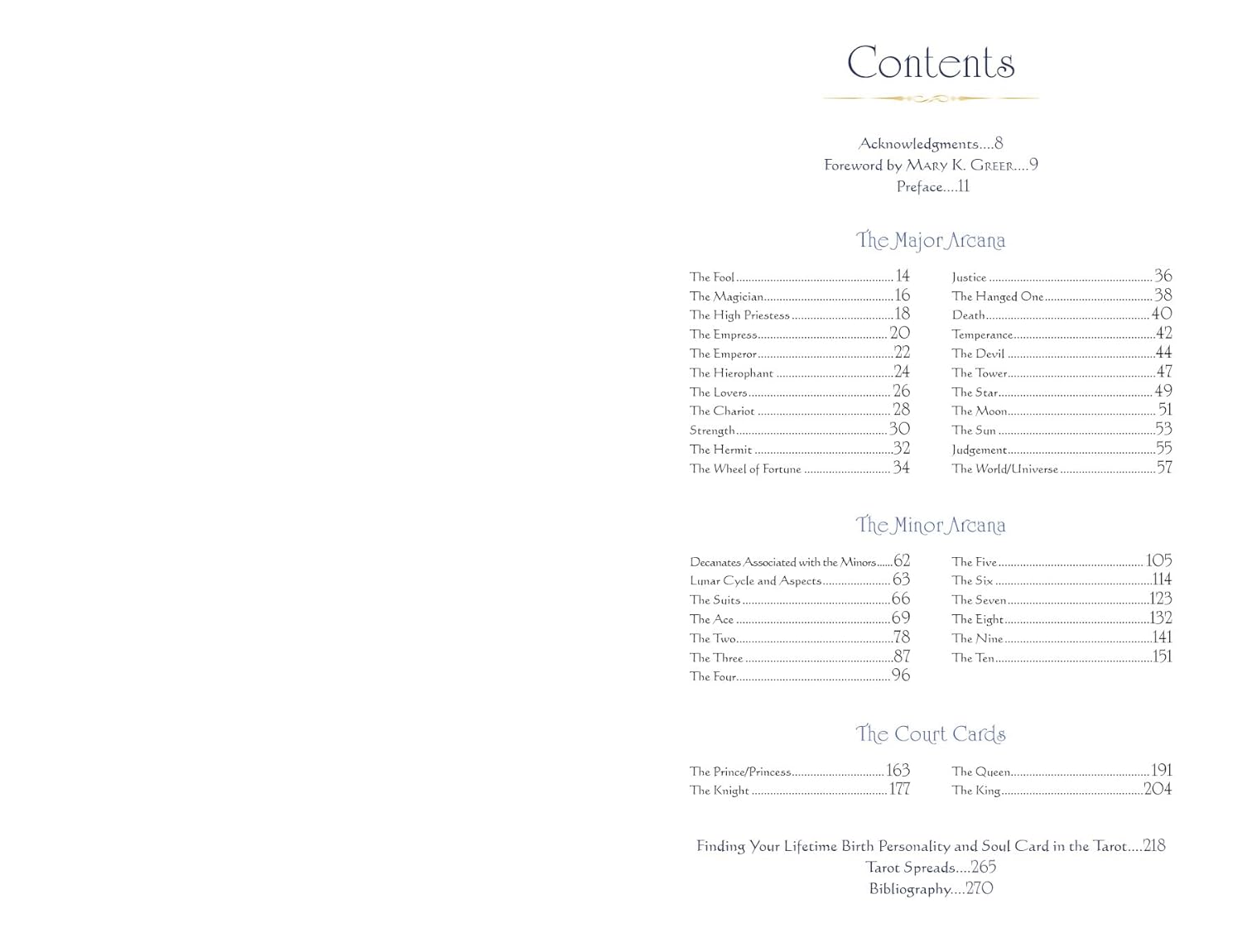 Table of contents for a book or document on tarot cards with card types listed.