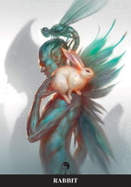 Artistic depiction of a person with dragon-like features holding a rabbit, with a dragonfly on their head, on a light gray background.