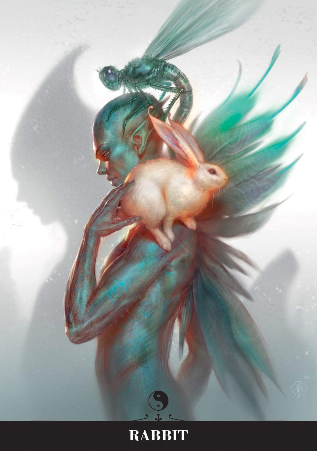 Artistic depiction of a person with dragon-like features holding a rabbit, with a dragonfly on their head, on a light gray background.