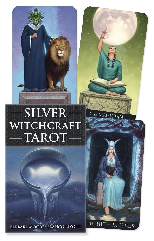 Silver Witchcraft Tarot cards with illustrations of figures and animals on a blue background.
