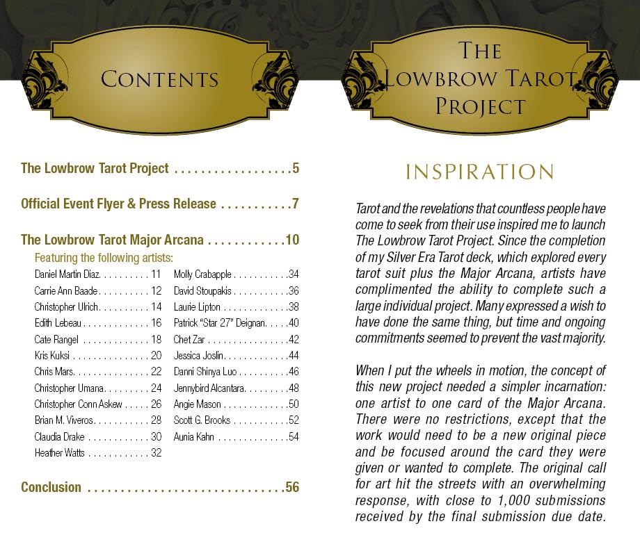 Table of contents and inspiration section for The Lowbrow Tarot Project