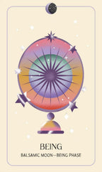 Colorful tarot card with a multicolored circle and stars on a beige background, featuring the word 'BEING'.