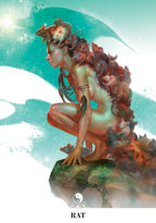 Fantasy illustration of a woman with rat-like creatures on her head against a light blue background.