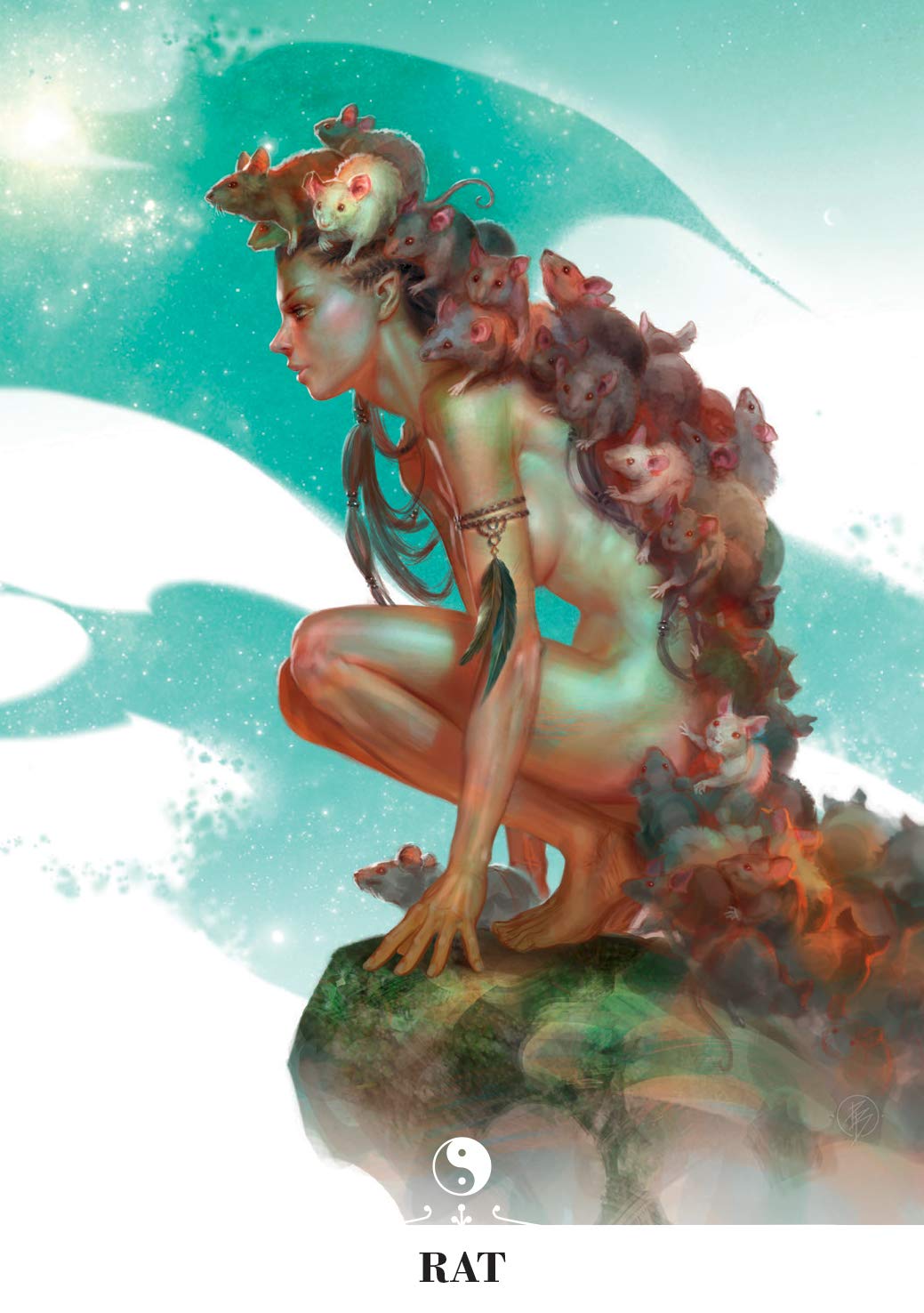 Fantasy illustration of a woman with rat-like creatures on her head against a light blue background.