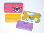 Set of tarot cards with colorful designs and text on a white background
