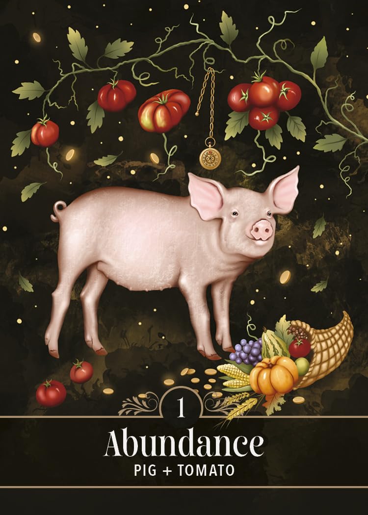 Illustration of a pig with tomatoes and cornucopia on a dark background, labeled 'Abundance'.