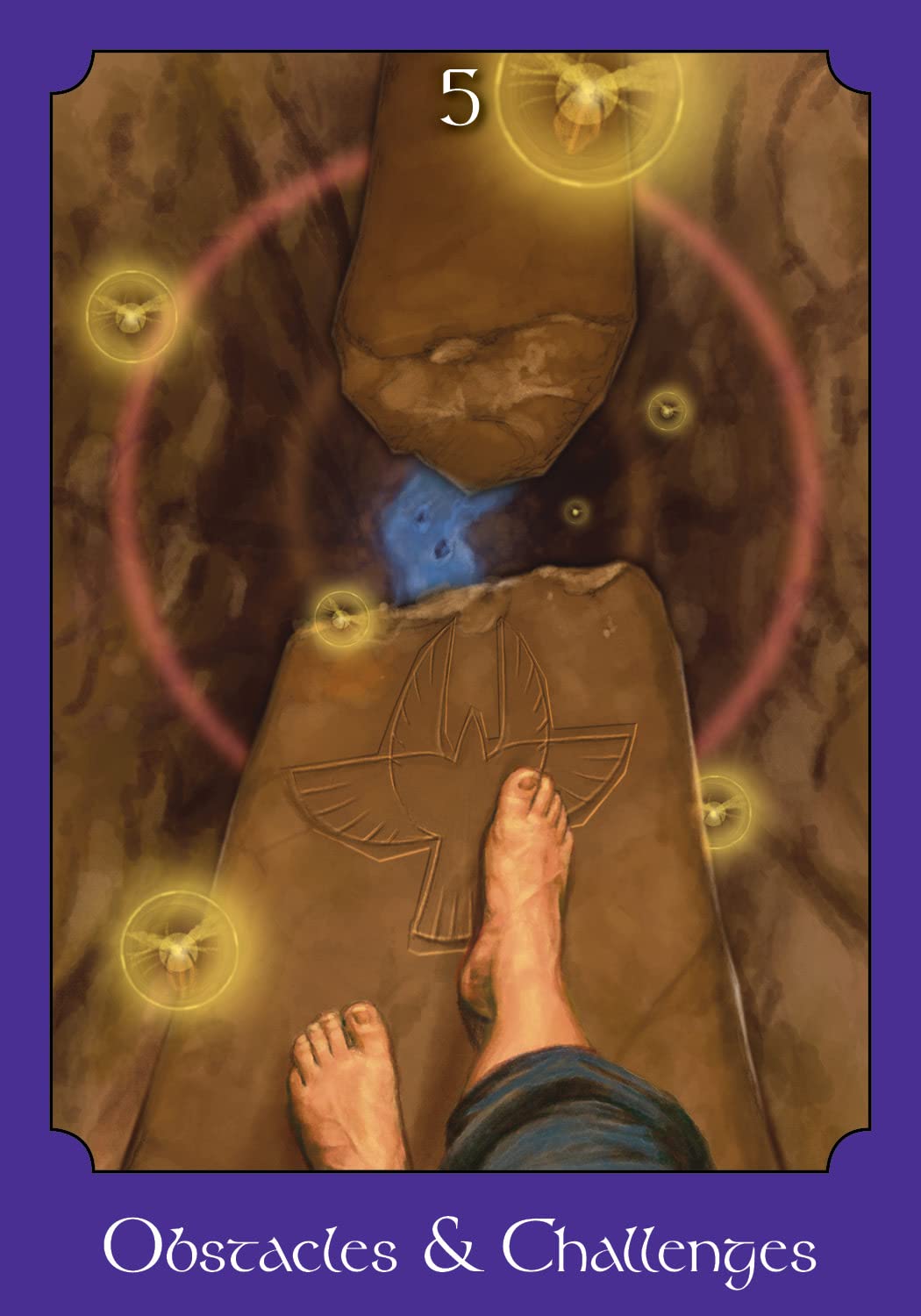 Tarot card with a foot stepping onto a stone with a symbol, surrounded by glowing circles and text 'Obstacles & Challenges'.