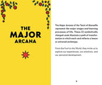 A book or booklet spread showing the title 'THE MAJOR ARCANA' on a bright yellow left page with decorative red and green botanical motifs, plus descriptive text on a white right page.
