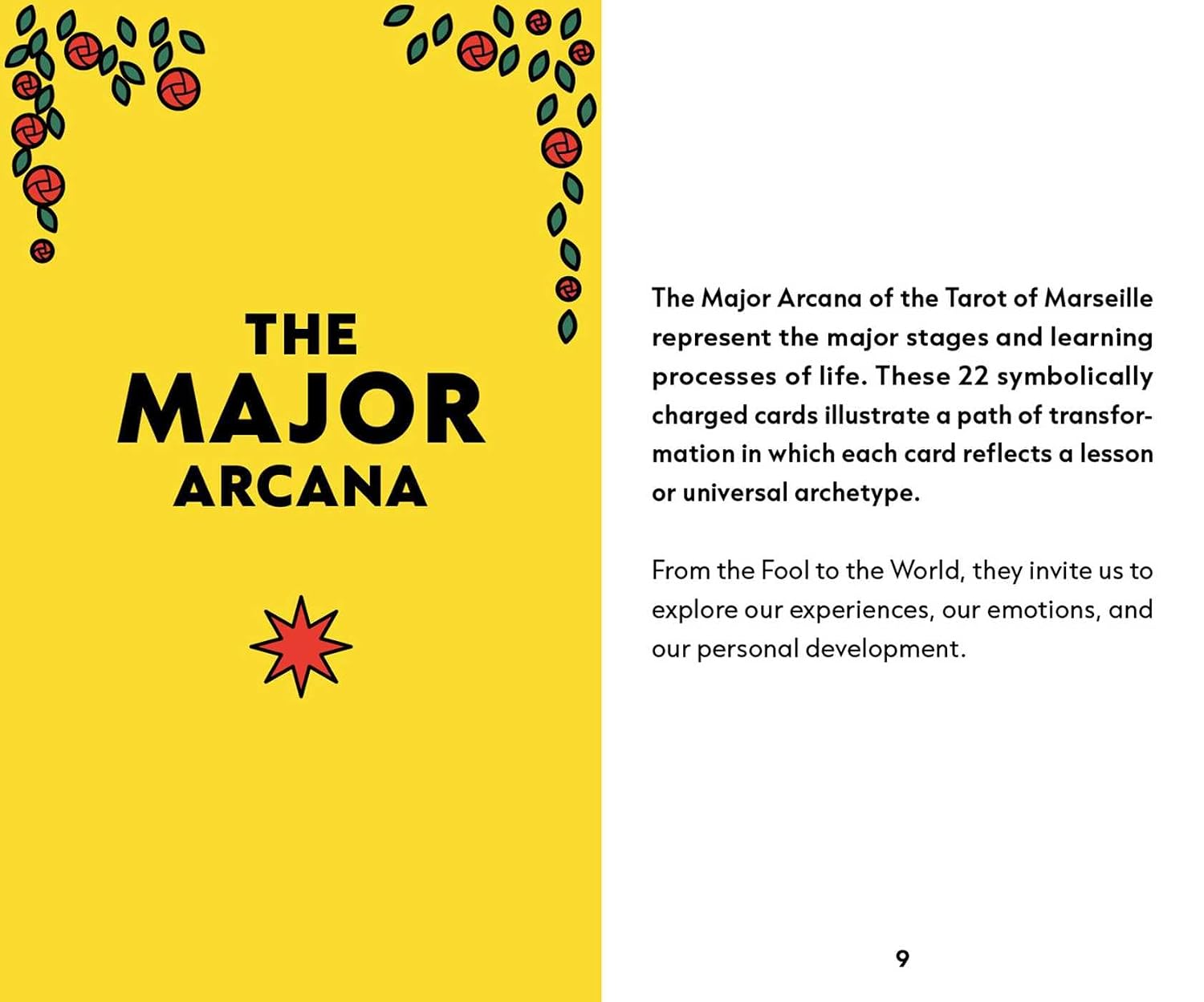 A book or booklet spread showing the title 'THE MAJOR ARCANA' on a bright yellow left page with decorative red and green botanical motifs, plus descriptive text on a white right page.