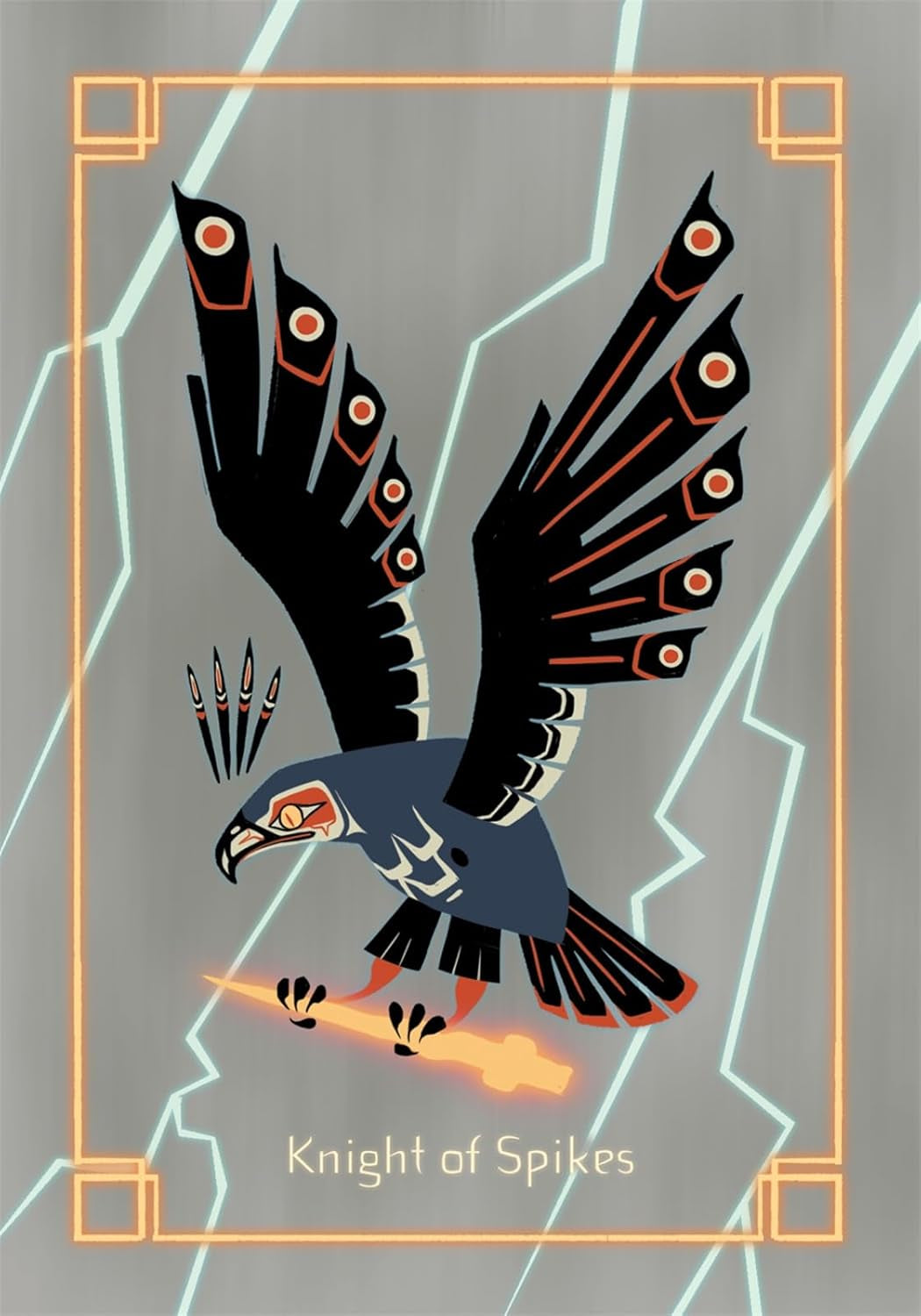 Illustration of a bird with outstretched wings on a gray background, labeled 'Knight of Spikes'.