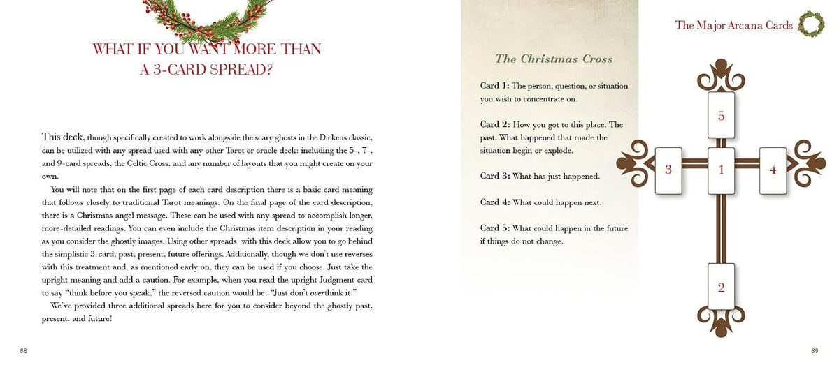 A printed guide or booklet page showing card-spreading instructions, with text on the left and right panels and a decorative central illustration of a cross labeled with card numbers 1 through 5.