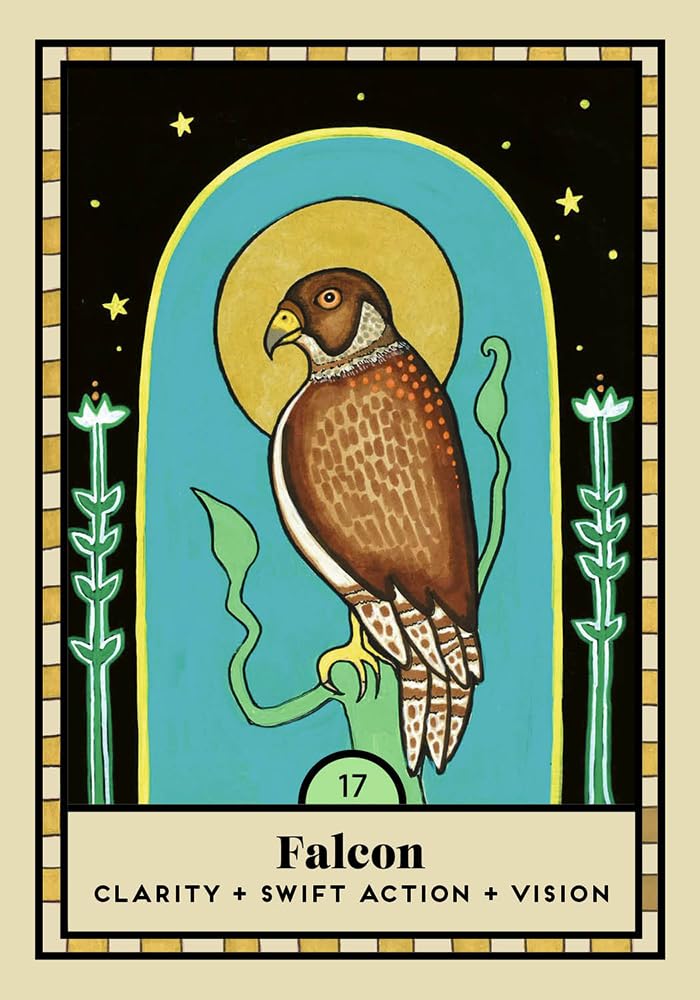 A stylized tarot card illustration featuring a brown falcon with patterned feathers inside a turquoise arch on a black starry background. The card has a cream border, decorative green plants on both sides, and the text 'Falcon' with 'CLARITY + SWIFT ACTION + VISION' at the bottom.