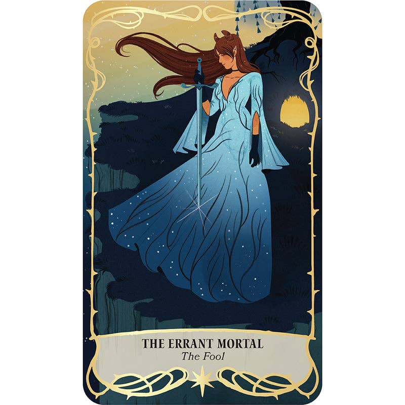 Tarot card featuring a woman in a blue dress with a sword, titled 'The Errant Mortal'.