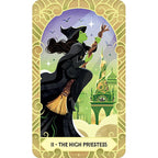Tarot card featuring a witch on a broomstick with a castle in the background