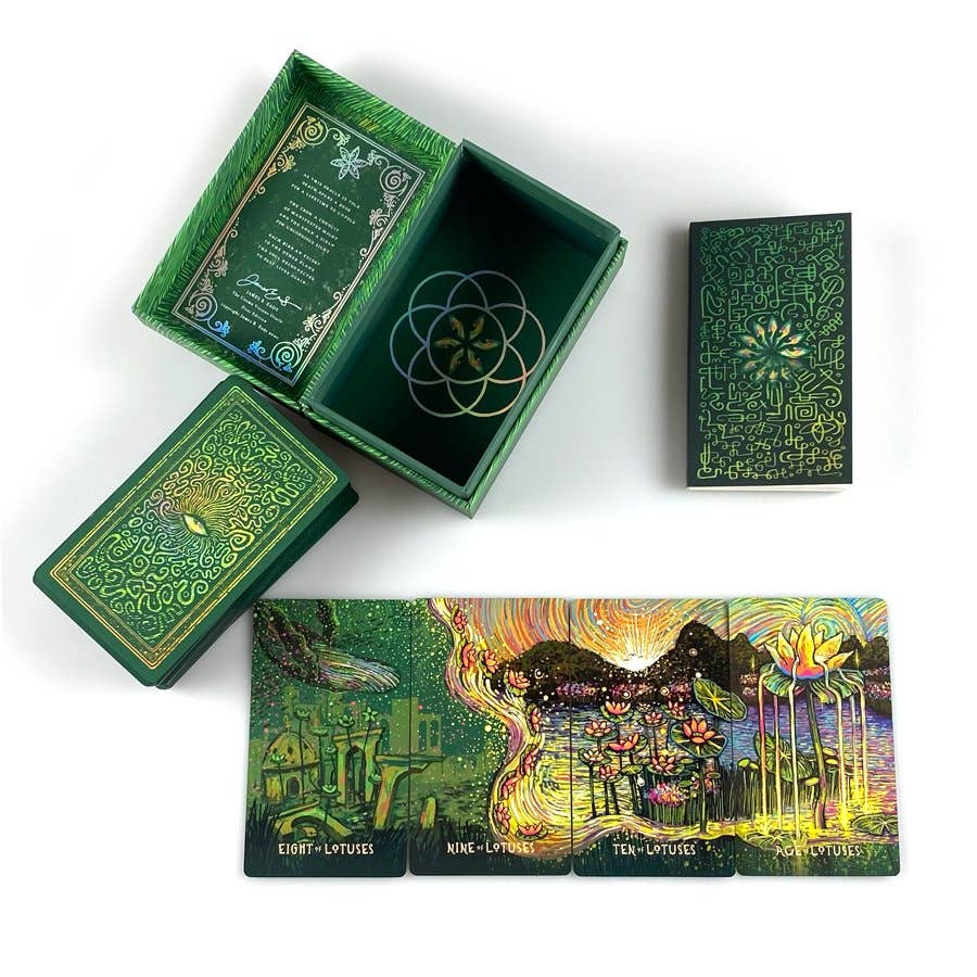 Green card game box with intricate designs on a white background