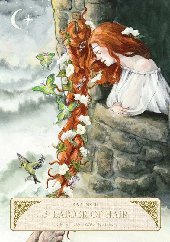 Illustration of a woman with long red hair on a stone wall with flowers and a bird, titled 'Ladder of Hair'.