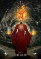 Woman in a red dress with fiery head against a cosmic background, featuring the word 'Illumination'.