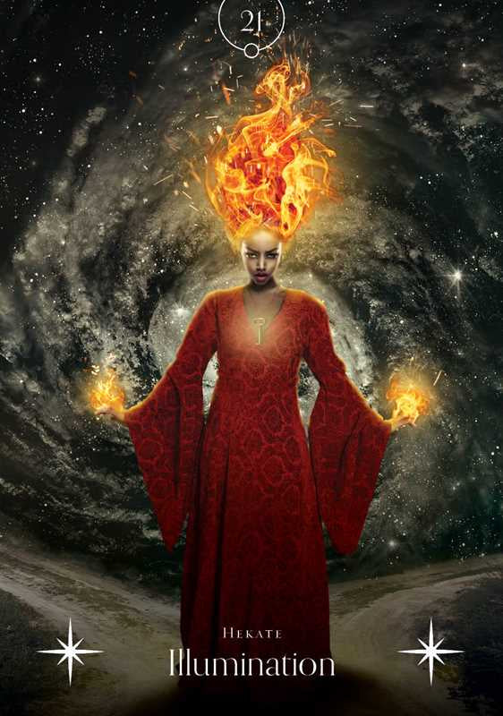 Woman in a red dress with fiery head against a cosmic background, featuring the word 'Illumination'.
