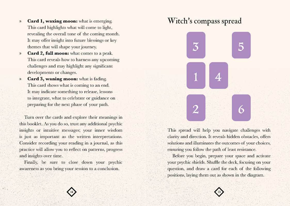A printed card or booklet page with text about cards and a 'Witch's compass spread' diagram. The page has a light beige background with black text and six purple rounded squares labeled 1 through 6 arranged in a compass-like layout.