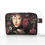 Floral and portrait-themed toiletry bag on a white background