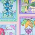 Four colorful tarot cards with intricate designs on a pink background