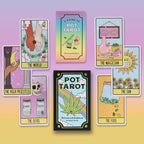 Set of Pot Tarot cards with colorful designs on a gradient background