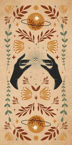 Decorative design with hands holding a celestial object, surrounded by leaves and flowers on a beige background.