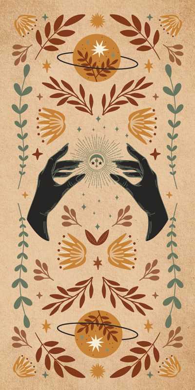 Decorative design with hands holding a celestial object, surrounded by leaves and flowers on a beige background.