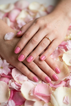 Close-up of hands with pink nail polish on a bed of pink and white rose petals.