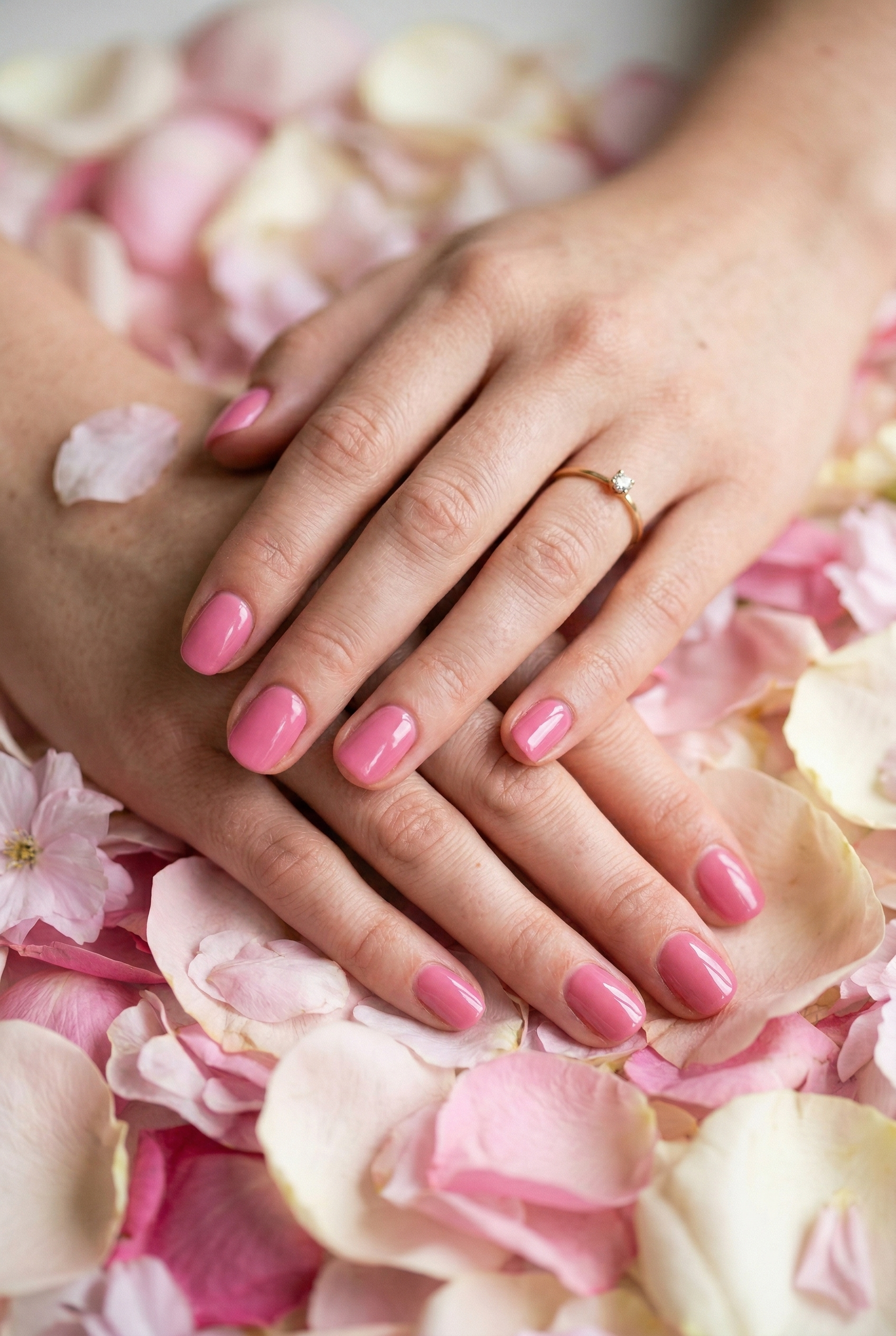 Close-up of hands with pink nail polish on a bed of pink and white rose petals.