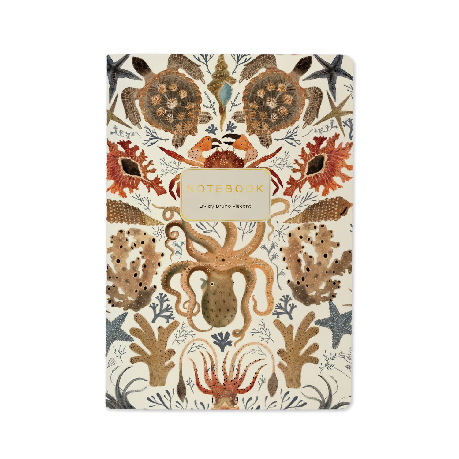 Notebook with ocean-themed design featuring sea creatures on a white background
